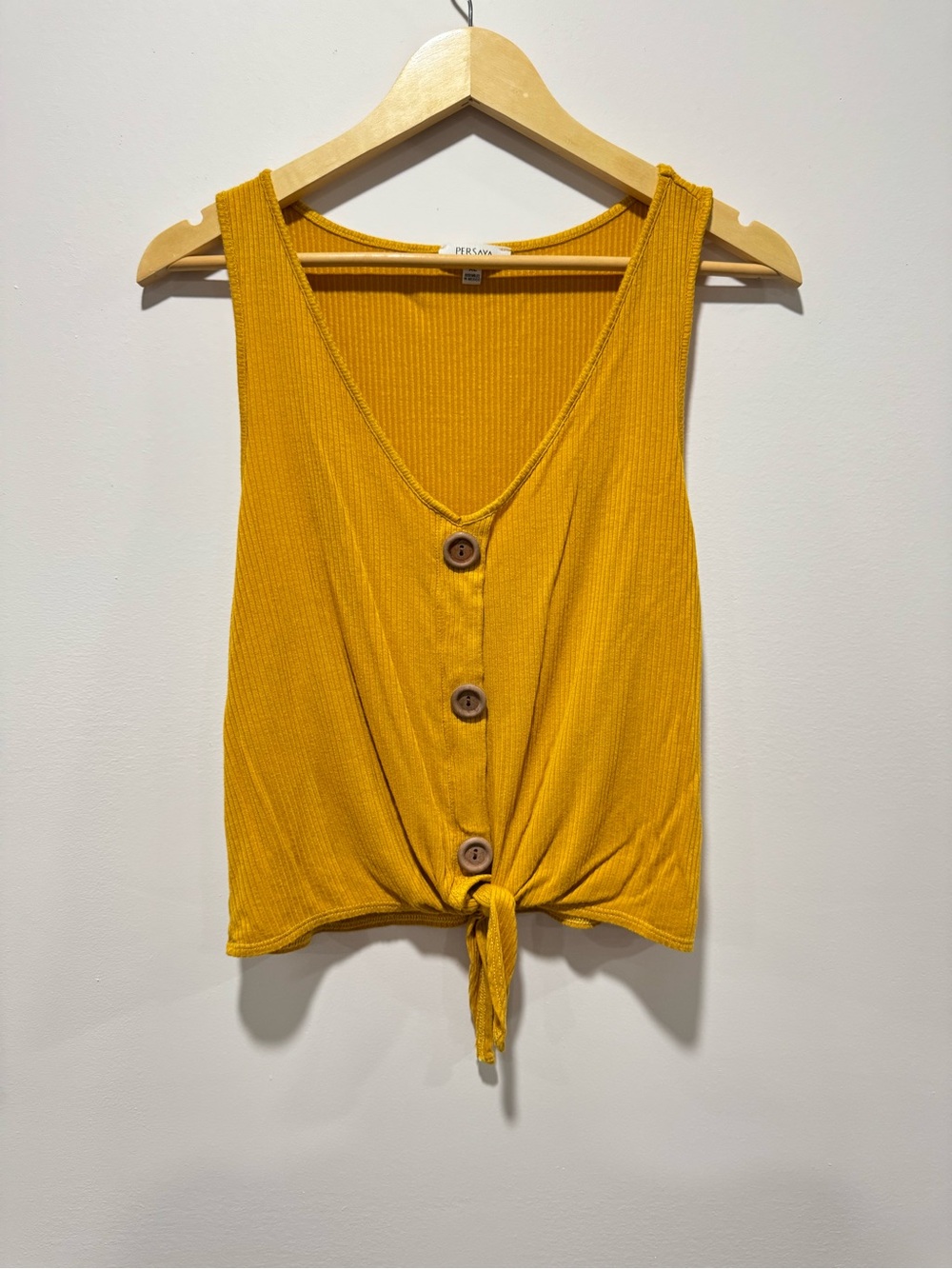 Persaya Mustard Gold Ribbed Crop Tank Button Front Tie Hem Top Size XL